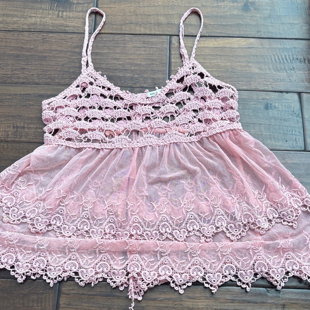 May Pink Crochet Lace Camisole Top